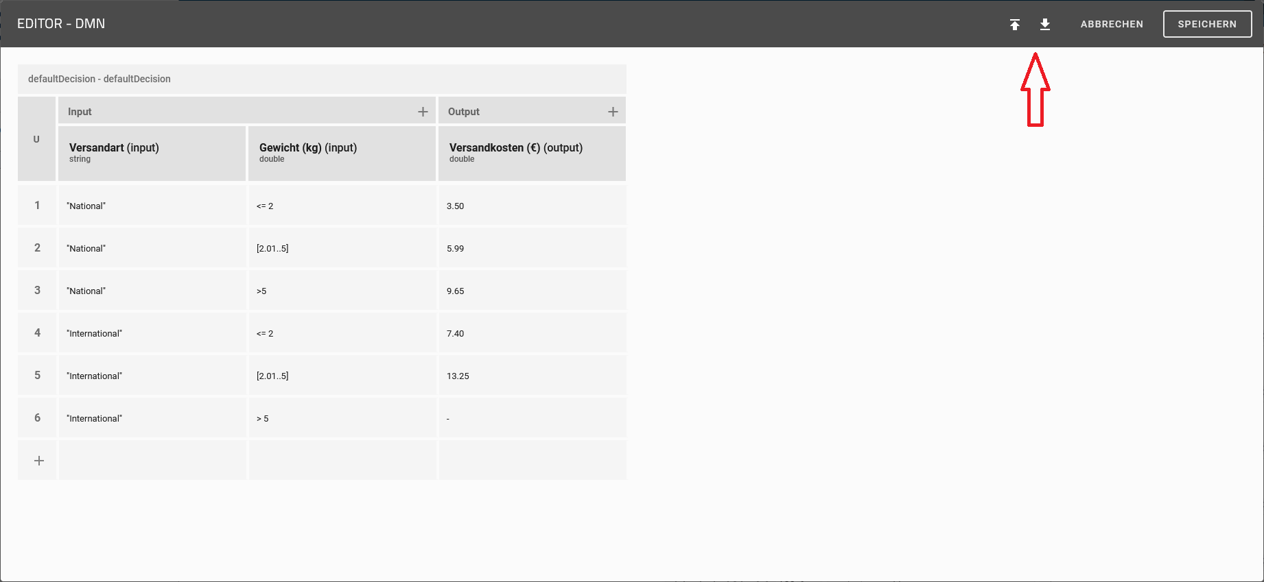 Angezeigt werden die Schaltflächen "Import file" und "Export file" vom Kontextmenü des DMN Editors.