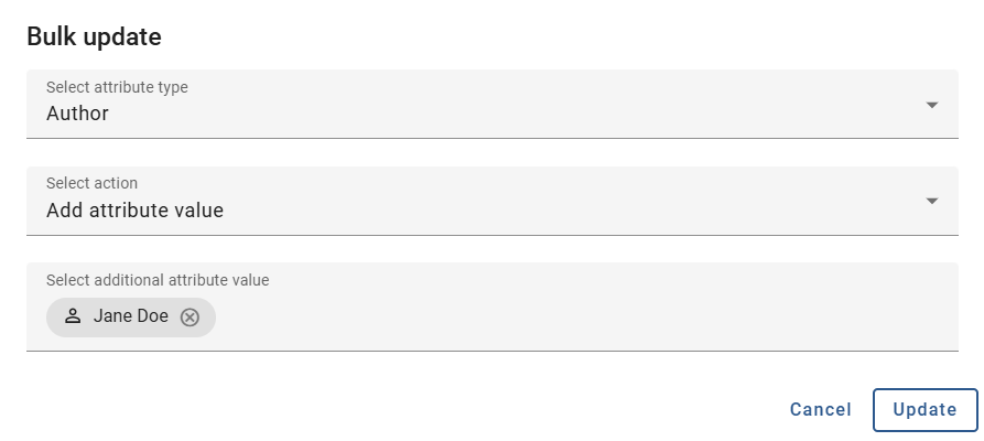 The screenshot shows the dialog window for adding an attribute value for bulk updating.