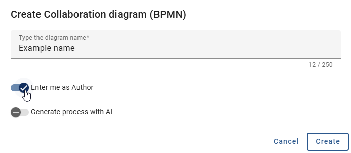 The screenshot shows the button with which you can assign yourself as the Author when creating a diagram.