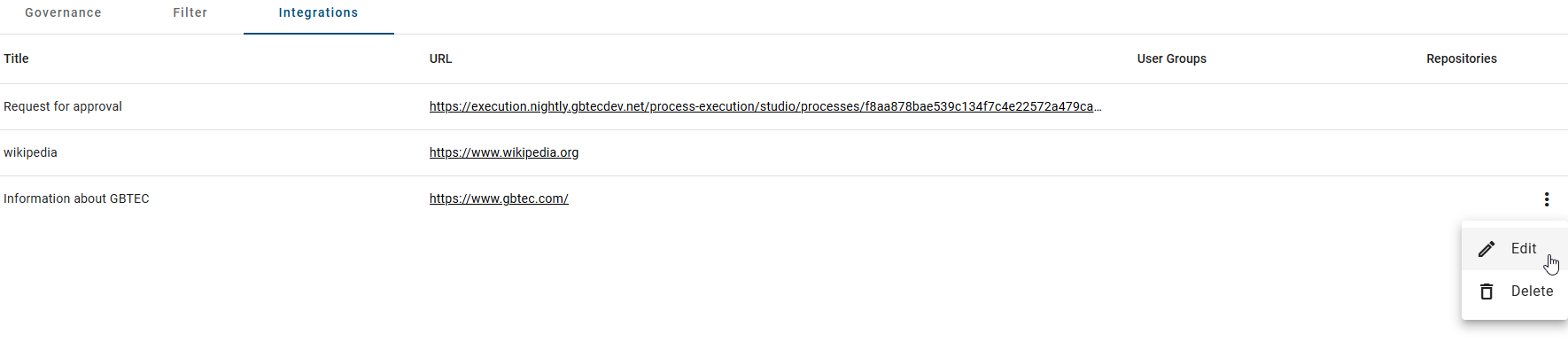 The screenshot shows the “Edit” button with which you can edit an integration.