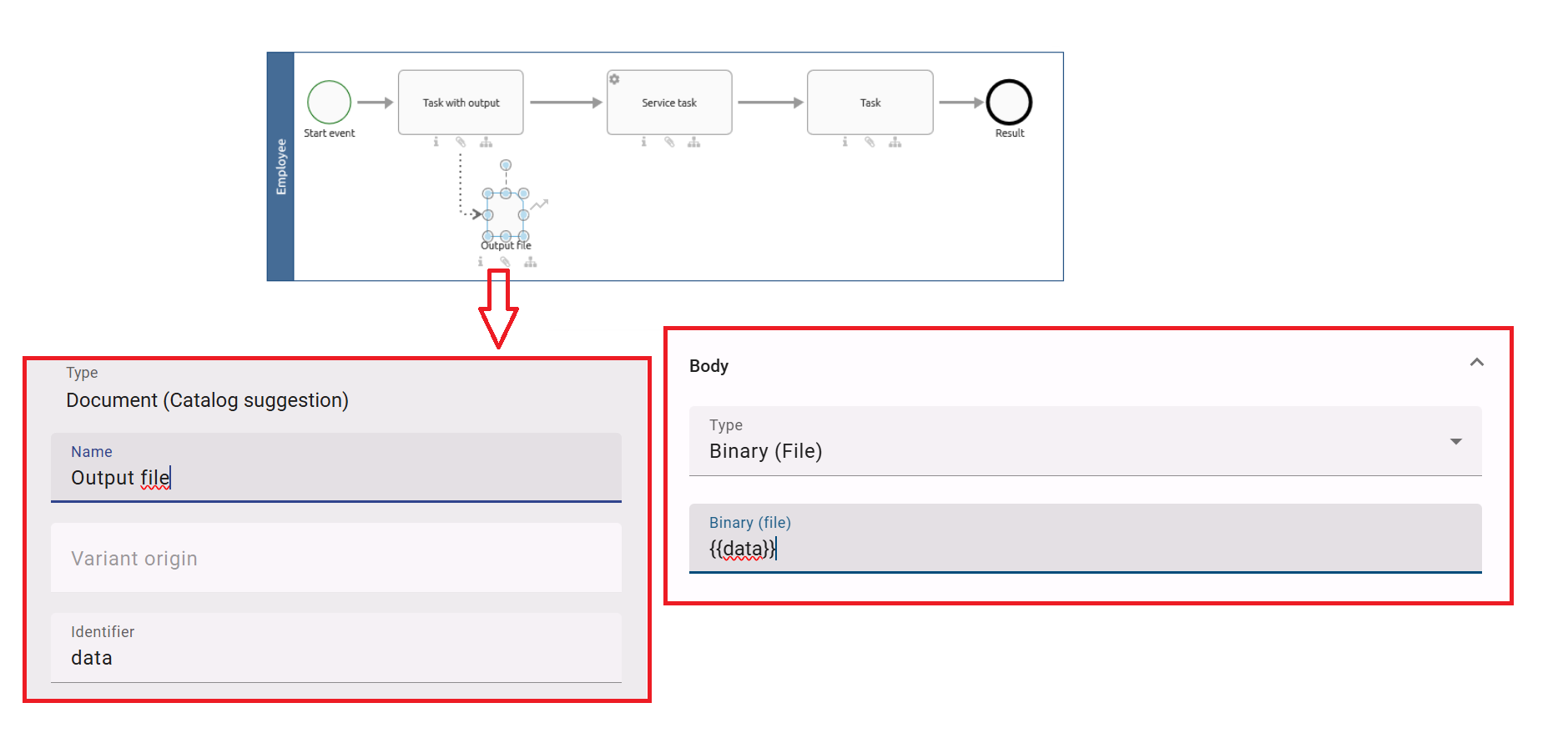 The modeling of an output document at a preceding task is displayed.The attribute "Identifier" has the same value as the field "File" of the request body configuration.