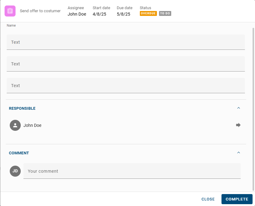 The screenshot shows a user task form in a popup window.