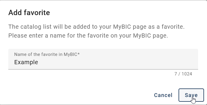 The screenshot shows the dialog window for favoring a catalog list.