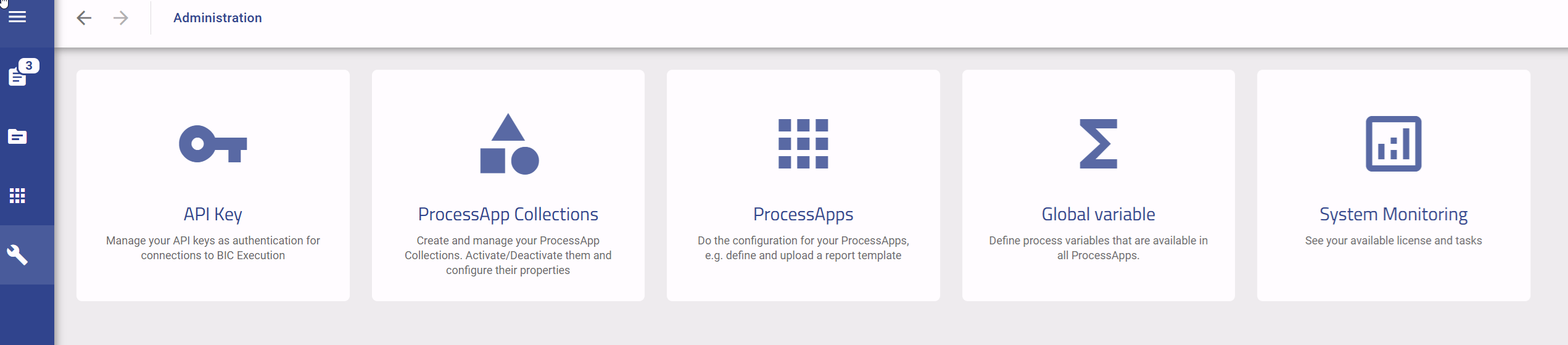 The screenshot shows all options of the *administration* menu.