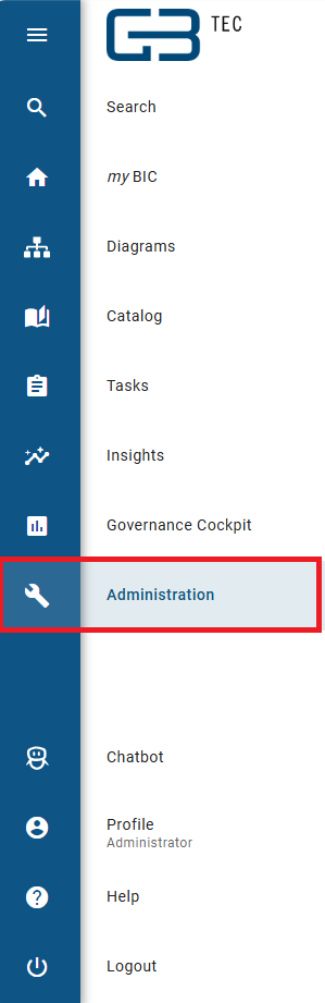 The screenshot shows the entry "Administration" in the main menu.