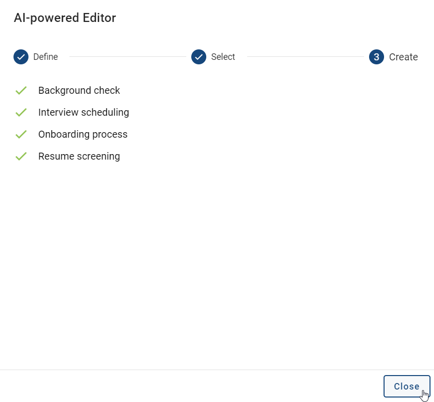 The screenshot shows in a dialog window the third step for creating an AI generated catalog item.