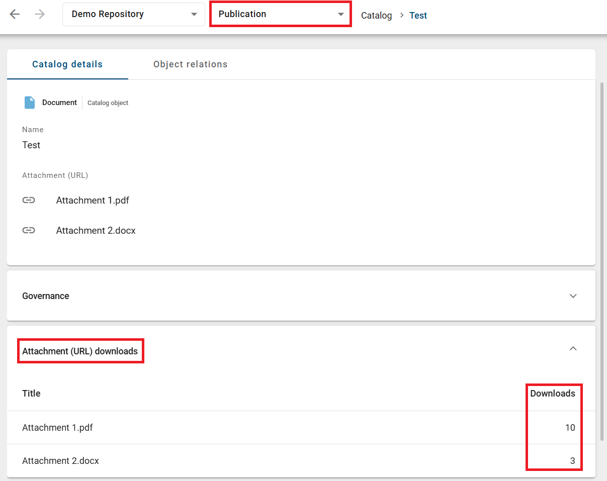 The screenshot shows where you can see how often an attachment has been downloaded.