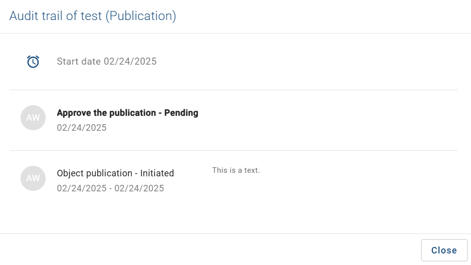 The audit trail of a publication of a diagram is shown here.