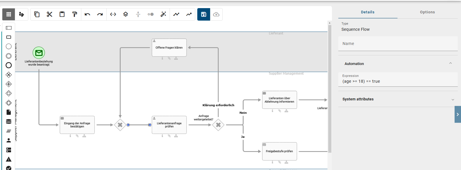 As an example, the attribute "Expression" in BIC Process Design is demonstrated which can be used to create automated decisions in BIC Process Execution.