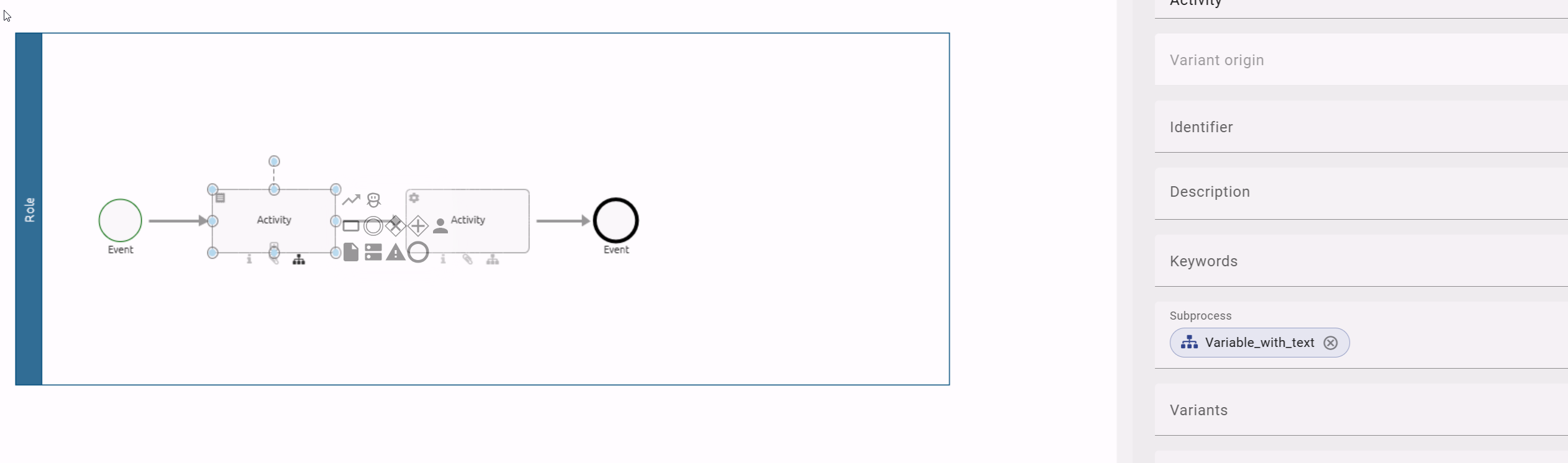 The screenshot shows the details section with the attribute "subprocess" of a call activity.