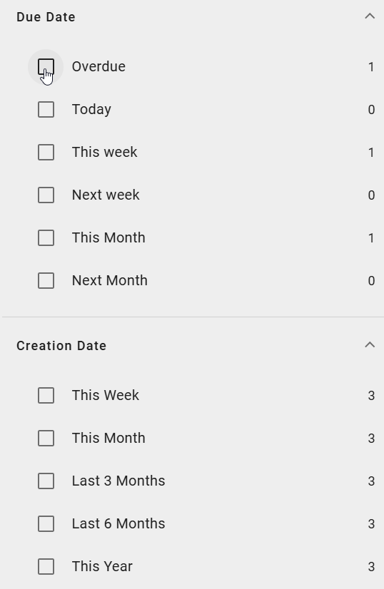 The screenshot shows the filter option "Due Date" for cases.