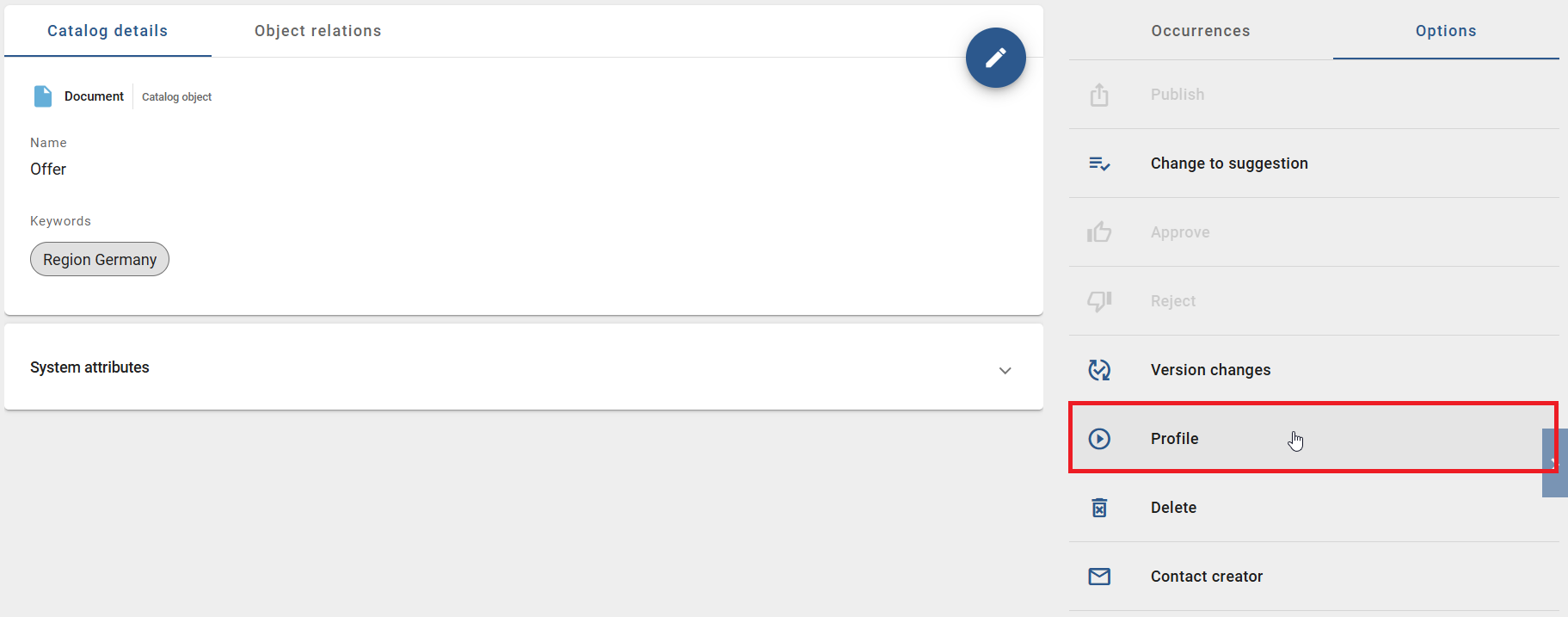 The screenshot shows the "Create the report" button next to the "Profile" entry within the register card "Options".
