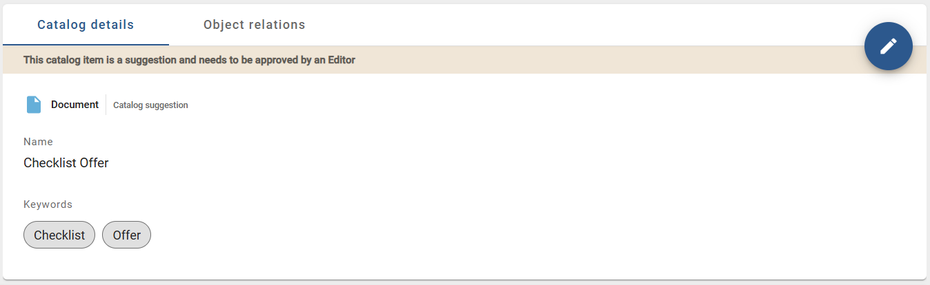 The screenshot shows the details of the imported document and catalog item, which contains the multi value keyword attribute.