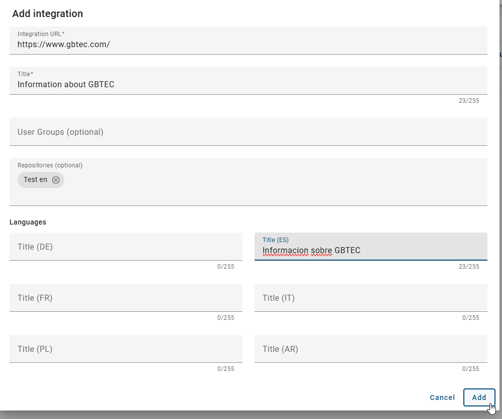 The screenshot shows the dialog for creating a new integration.