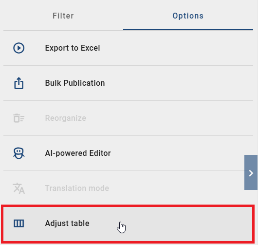 The screenshot shows the "Adjust table" button in the "Options" panel of a catalog list.