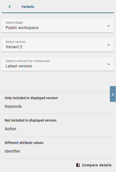 The screenshot shows the differences between the selected catalog variant and active catalog object in the "Variants" option.