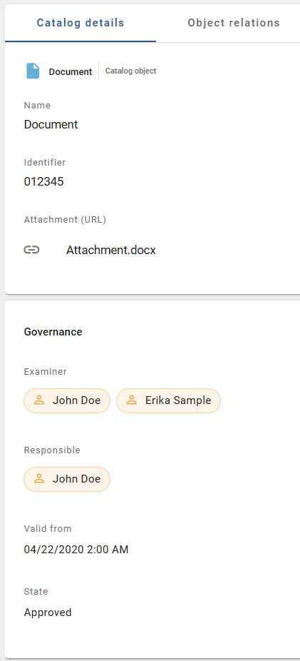 This screenshot shows the attributes of a document in the detail view of the catalog.