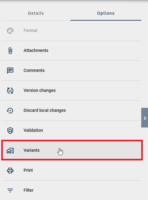 The screenshot shows the option "Variants" in the variant comparison.