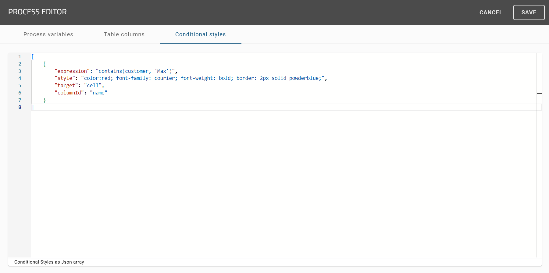 The screenshot shows the option "Process Execution Editor".
