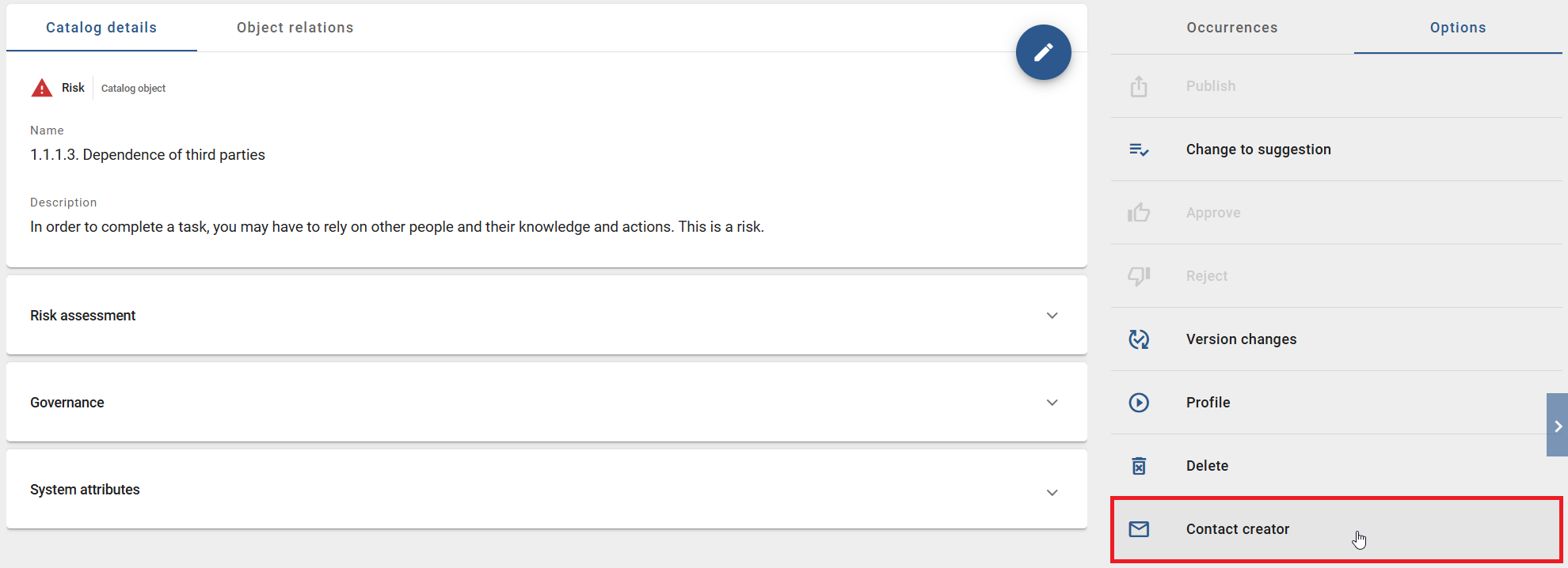 The screenshot shows the option "Contact creator" in the "Options" panel of a catalog item.