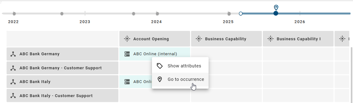 The screenshot shows the option to navigate directly to the context of a displayed main object in the grid.
