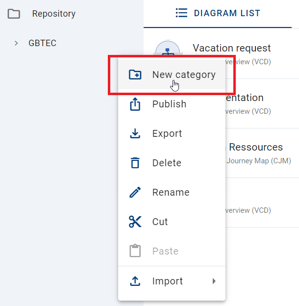 The screenshot shows the option "New category".