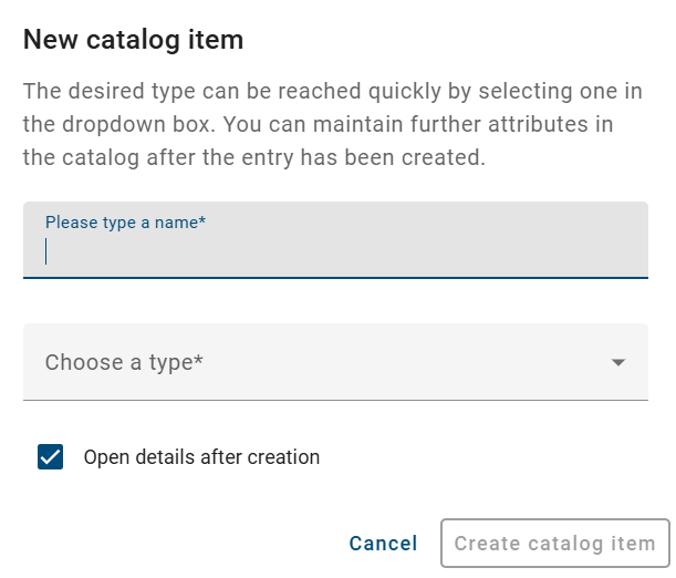 The screenshot shows the dialog window where you can select the type of the new catalog item.