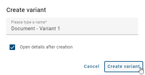 The screenshot shows the dialog for creating a catalog variant.
