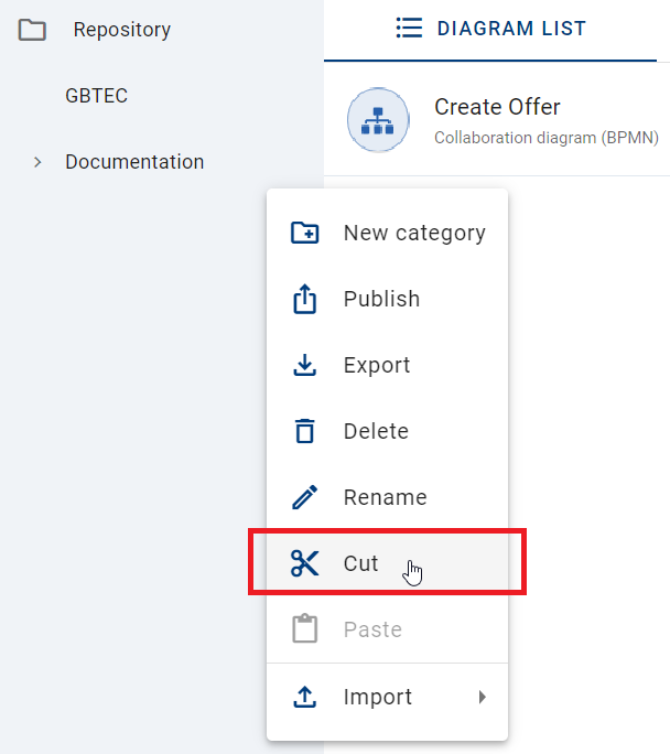 The screenshot shows the option "Cut" in the context menu in the category panel.