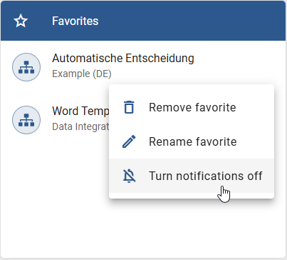The screenshot shows the "Turn notifications off" option in the context menu of the personal diagram favorite.