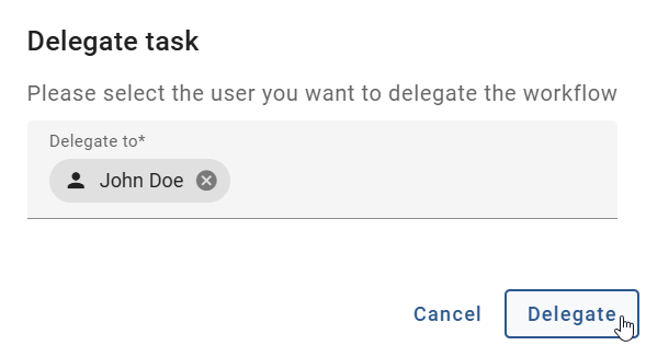 This screenshot shows the dialog window for the delegation of a workflow task.