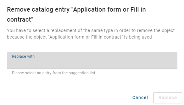 The screenshot shows the dialog window to replace a catalog item.