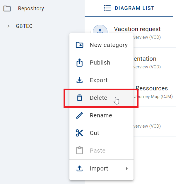 The screenshot shows the option "Delete" for the chosen category.