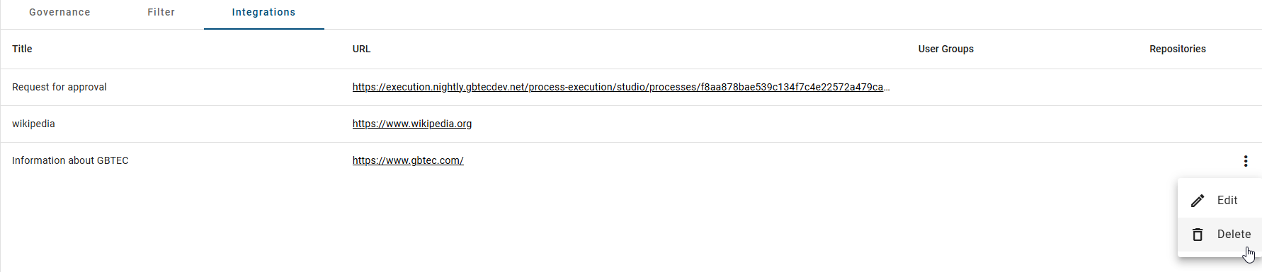 The screenshot shows the "Delete" button with which you can remove an integration.