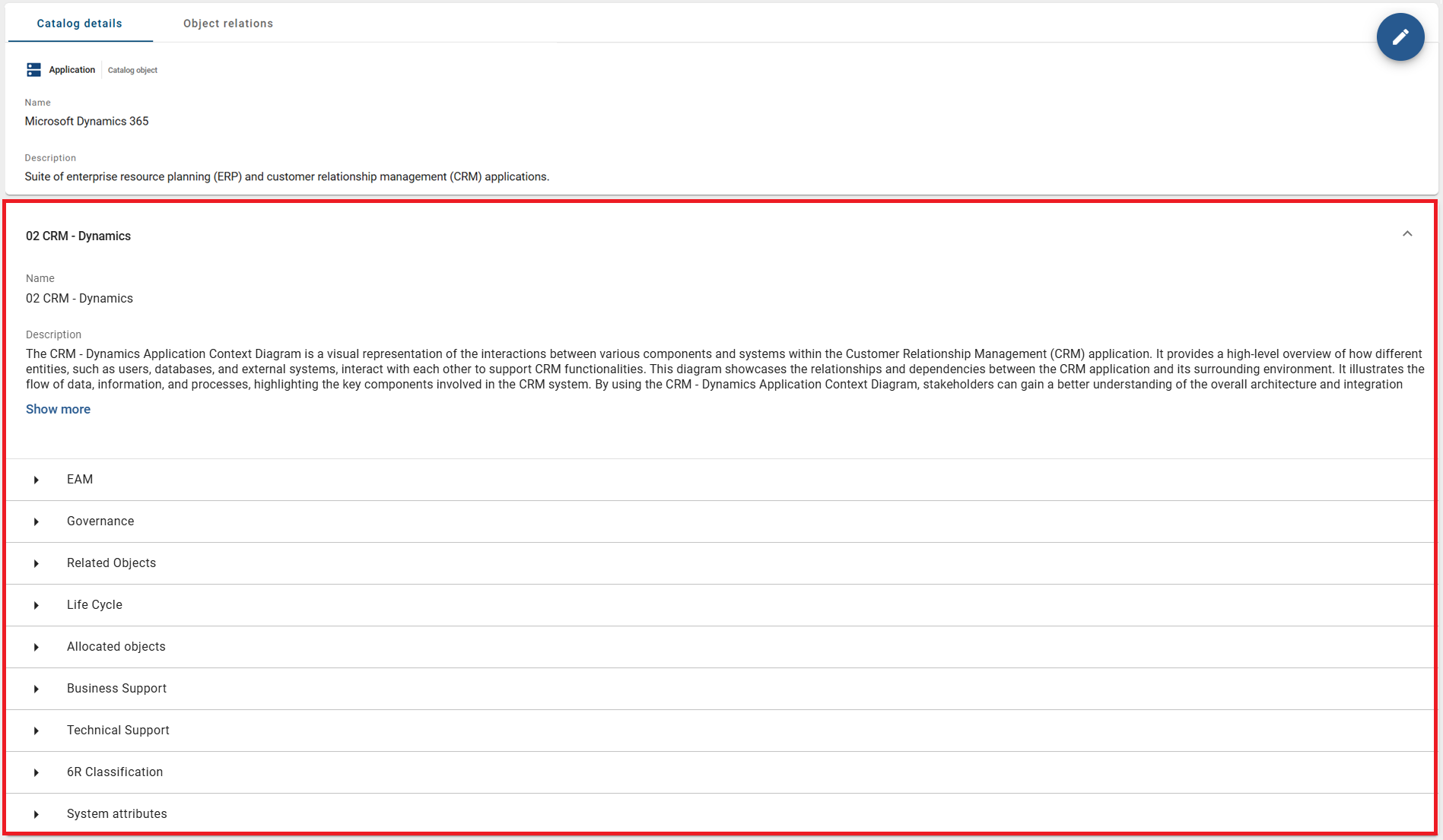 The screenshot shows the expanded attribute group for a context diagram in which the catalog object has been stored as a context reference.