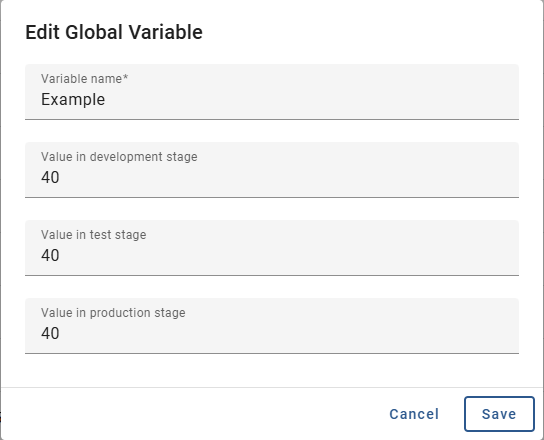 The screenshot shows the dialog window for editing a global variable.