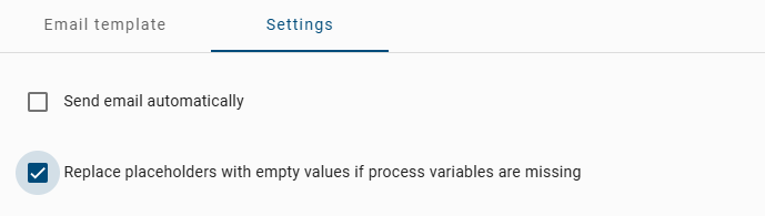 The screenshot shows the email-template editor and the checkbox *Replace placeholders with empty values if process variables are missing*.
