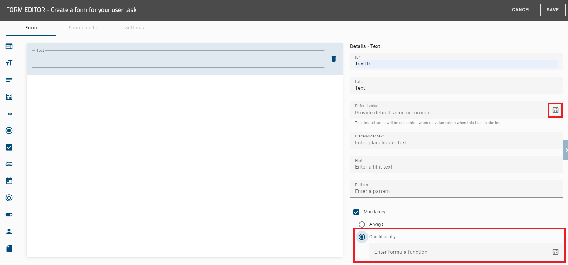 The screenshot shows an input field with a button for entering formulas.
