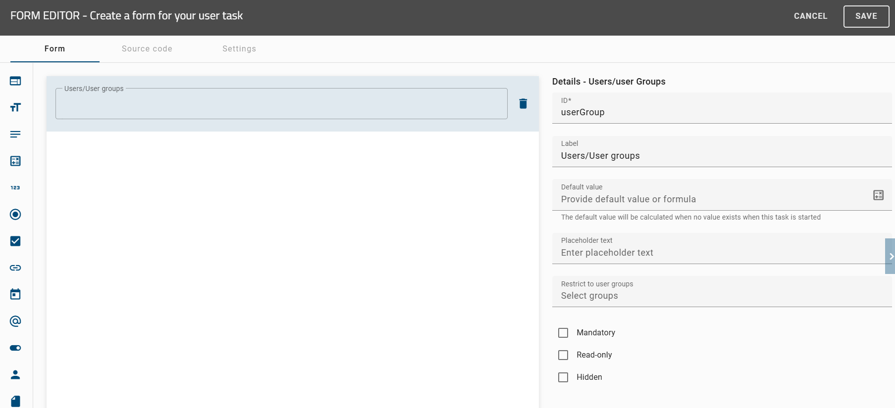 This screenshot shows the detail page of the users/user groups form.