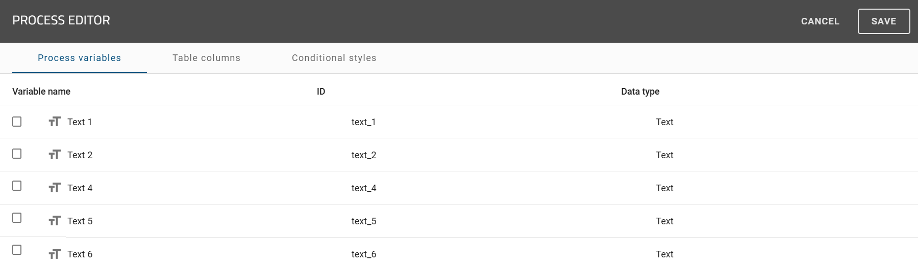 The screenshot shows the process edutir with the select "Process variables" tab and all available process variables.