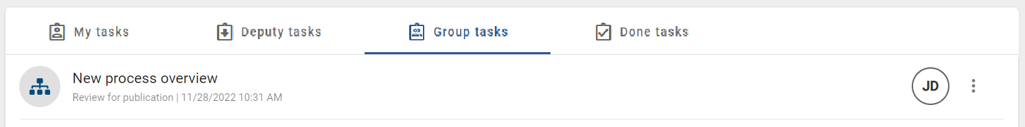 The screenshot shows a group task that has been claimed by a user with the initials JD.