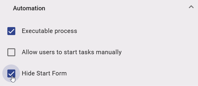 The screenshot shows the activated checkbox "Hide Start Form".