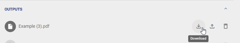 The screenshot shows the use of the "Download" function, which is used to download an output that has been uploaded before.