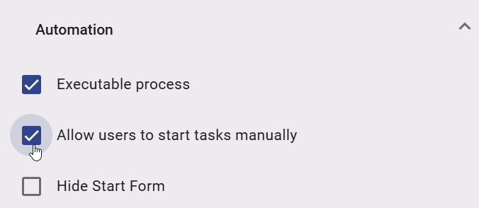The screenshot shows the activated checkbox "Allow users to start tasks manually".