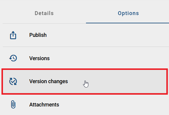 The screenshot shows the "Version changes" option in the "Options" panel of a selected diagram.