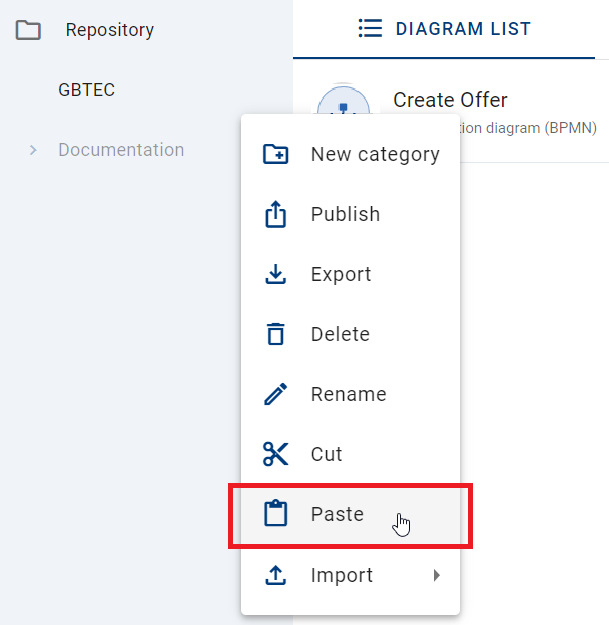 The screenshot shows the option "Paste" for the chosen category.