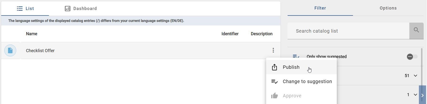 Here, the "Publish" button of a catalog item is displayed in the context menu.