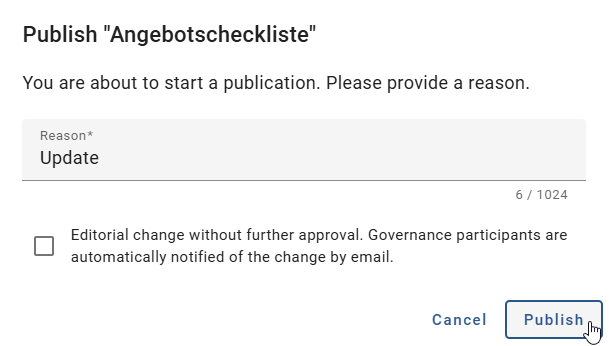 The screenshot shows the dialog of a catalog entry publication process.