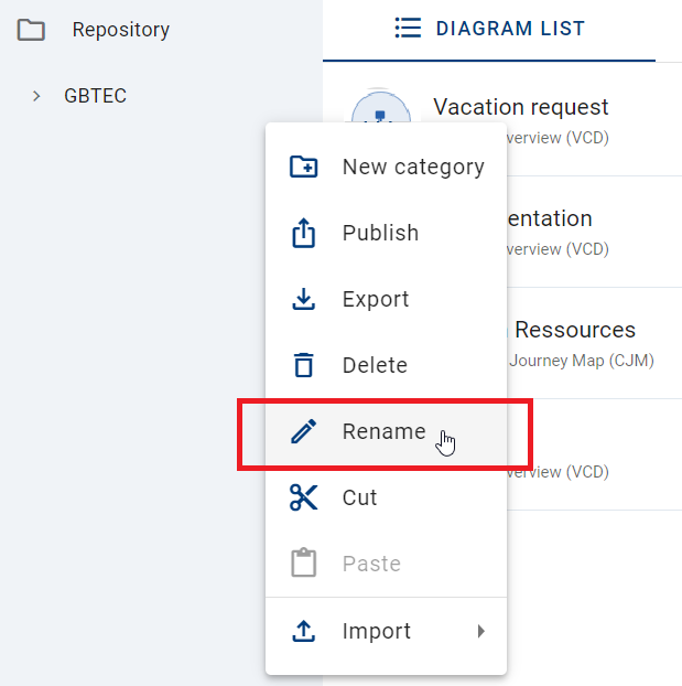 The screenshot shows the option "Rename" for the chosen category.