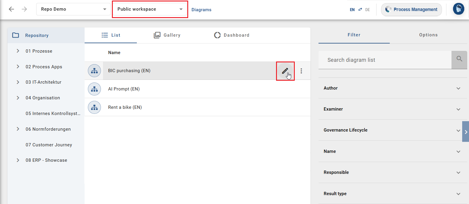 The screenshot shows the option to rename a diagram in the diagram list.